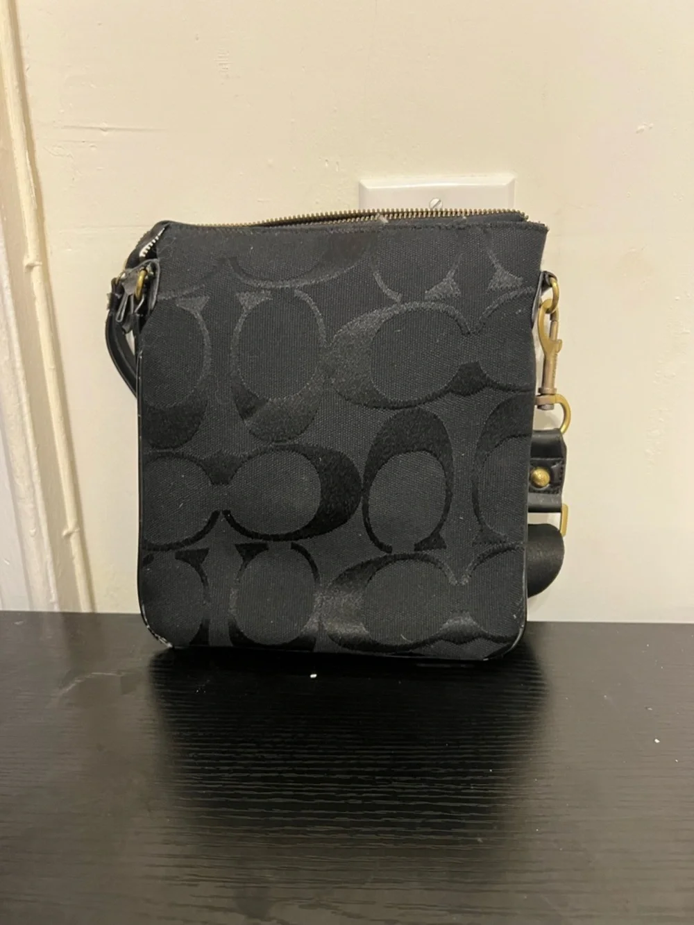 Coach Black Signature Messenger Bag with Gold Hardware